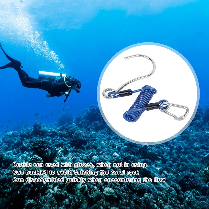 Keenso Diving Stainless Steel Single Hook, Spring Anti-Lost Reef Hook with Spiral Coil Lanyard(Blue) - Image 2